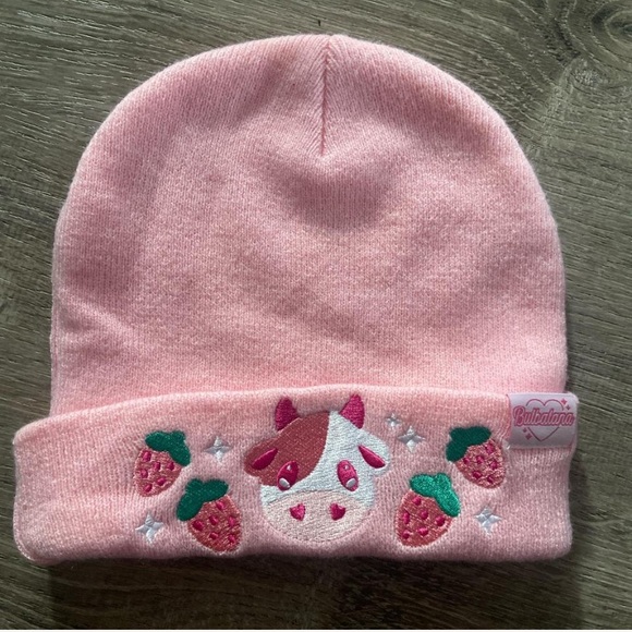 Pink Strawberry Cow Beanie - Picture 1 of 5